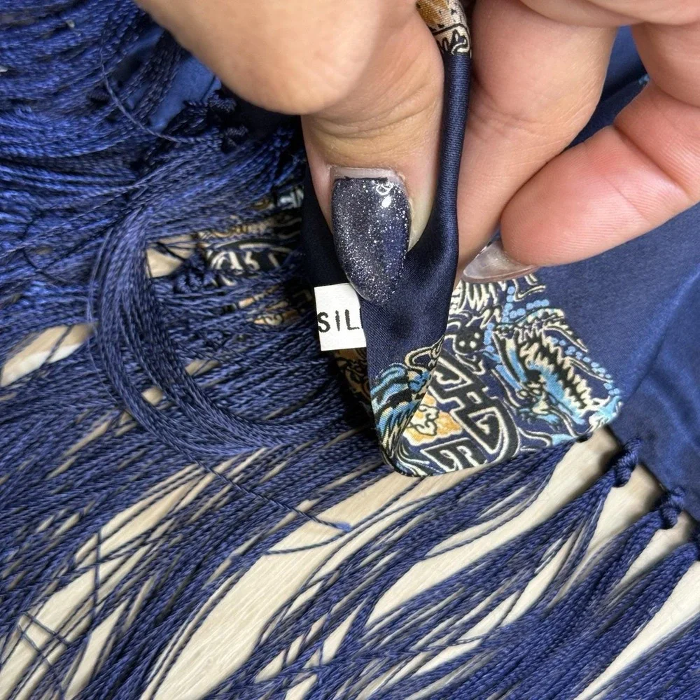 Vintage Blue Dragon‎ Silk Scarf Medallion Print Tassel Fringe Rectangular 49x11